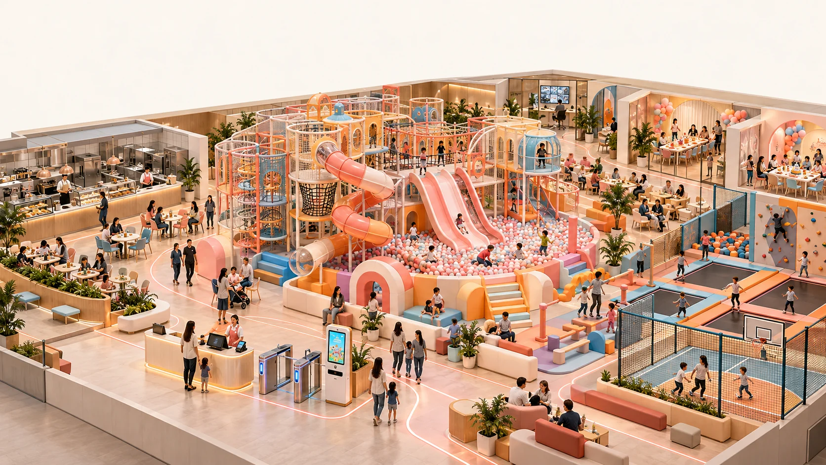 Cutaway illustration showing ticketing, café, party rooms and play areas in one venue